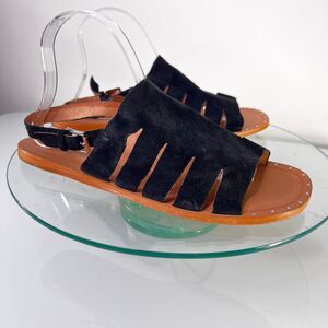 Halogen Jannie Sandals Black Suede Leather Slingback Ankle Strap Cutout